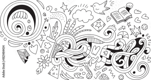 Abstract black and white doodle illustration featuring religious and spiritual symbols isolated on