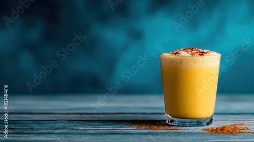 A vibrant golden latte topped with a sprinkle of cinnamon, showcasing its inviting texture and warmth against a striking blue background, perfect for coffee lovers and aesthetic appeal.