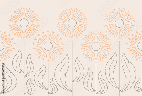 Line minimalist beige wild round abstract dandelion shapes border. Botanical seamless pattern with fluffy flowers. Simple vector background