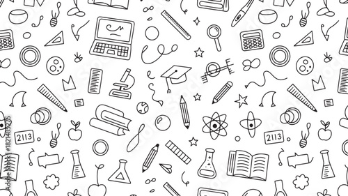 Seamless pattern of hand drawn black and white education and science doodle icons on