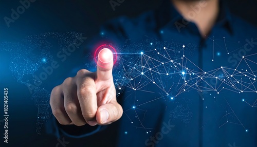 Innovative businessman touching global network for future technology solutions, connecting the world and driving digital transformation with smart systems