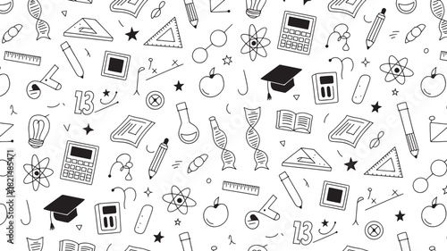 Seamless pattern of black and white handdrawn doodle icons related to education, science, and school subjects
