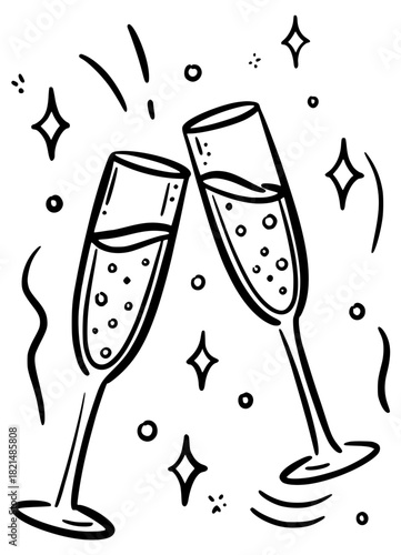 Champagne glasses toast doodle, festive celebration