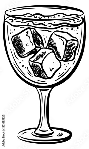 Hand drawn cocktail wine glass with ice cubes