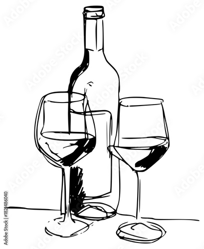 Wine bottle with glasses – sketch style alcohol illustration