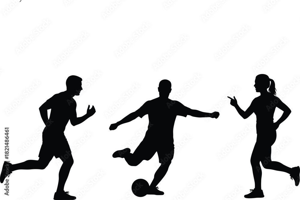 Fototapeta premium Silhouette of three people playing soccer and running on a white background