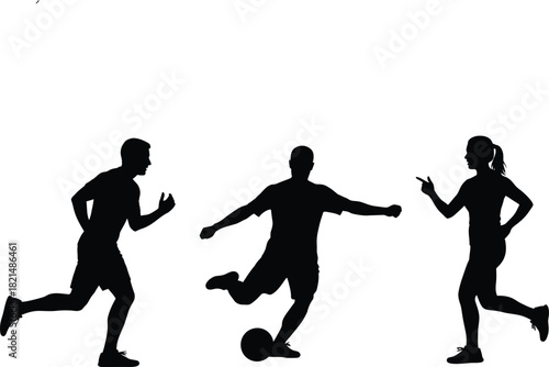 Silhouette of three people playing soccer and running on a white background