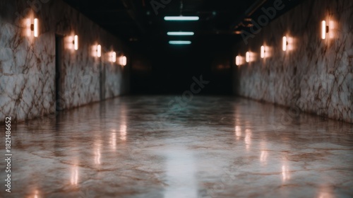 An atmospheric photo of a dimly lit hallway featuring shiny marble walls and soft lighting, creating a mysterious and modern ambiance for an intriguing aesthetic.
