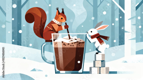 Illustration Of A Squirrel And A Rabbit Enjoying Hot Chocolate In A Large Glass Vector Design Template