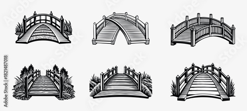 Collection of six different artistic black and white bridge illustrations