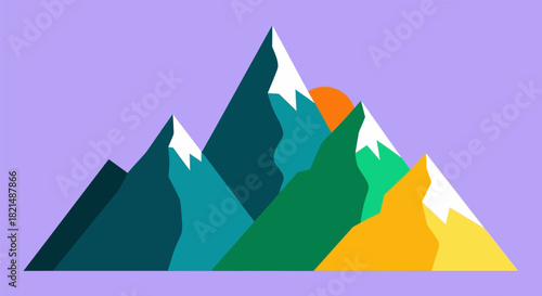 Colorful Mountain Range Landscape with Snow Peaks and Sunrise.
