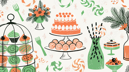 Delicious cakes and candies create a festive and sweet atmosphere, perfect for parties, bakeries, and celebrations