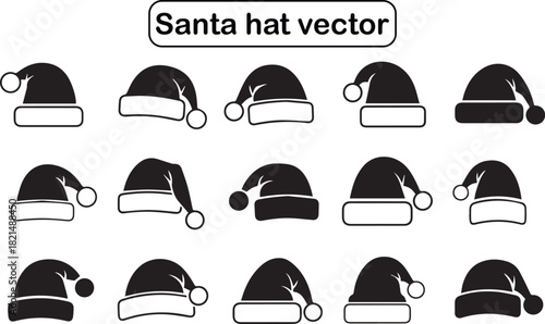 Santa hat icon set  vector silhouette design,  Fifteen hat design with various shapes,  Christmas Santa claus hat vector set,  clean & minimal set design for holiday. 