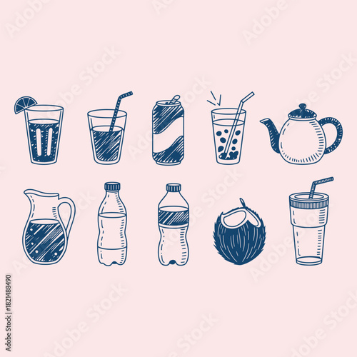 Hand drawn blue beverage icons on a light pink background drink illustration