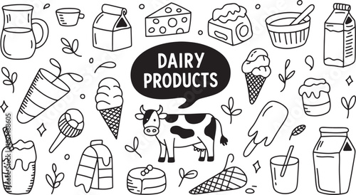 Hand drawn doodle collection of various dairy product icons and a cow isolated on