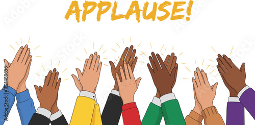 Multicultural hands clapping in applause and approval, diverse people showing appreciation, congratulations, and celebration with gold text vector.