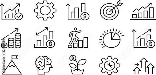 Set of Fifteen Business Growth Line Icons, Finance Strategy Analytics Success Symbols, Minimalist Goal Setting Achievement Vector Graphic Clipart