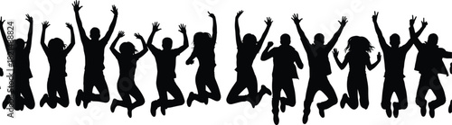 Group of diverse people silhouette jumping high with hands raised, celebrating joy, freedom, success, or friendship, isolated vector.
