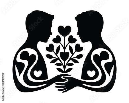 Silhouette of two men holding a plant of hearts symbolizing love