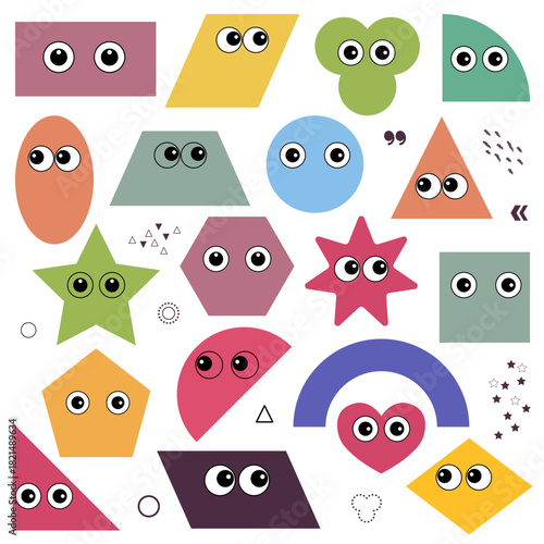 Bright vectors. Colorful shapes in various forms. Kids cartoon abstract signs with eyes. Circles, squares, figures, stars, triangles. Vector set of geometric forms. Modern graphic design elements.