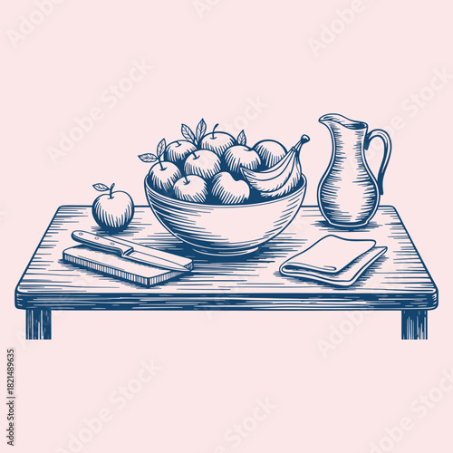 Still life illustration of fruit bowl with apples and bananas pitcher and knife on wooden table vector