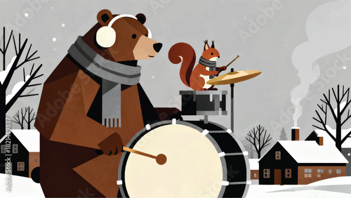 Illustration Of A Bear And A Squirrel Playing Bass Drum In A Snowy Countryside Setting Vector Design Template
