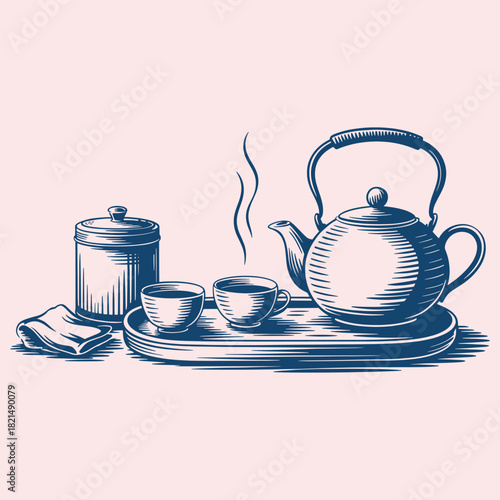 Vintage style illustration of a tea set with steaming teapot and two cups on a tray vector
