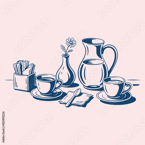 Dark blue line drawing of coffee cups and creamer pitcher on pink background saucers