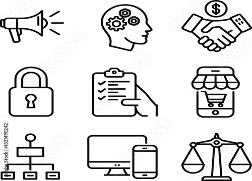 Set of Nine Business and Corporate Line Icons, Marketing Strategy E-commerce Finance Law Security Symbols, Monochrome Vector Graphic Collection
