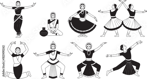 Adobe IllustCollection of various classical indian dance poses and mudras in a black and white illustration style