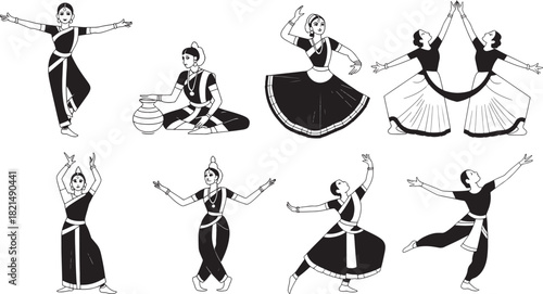 Collection of black and white illustrations depicting various classical indian dance poses and figures isolated on
