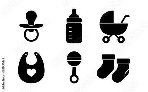Silhouette icons of baby essentials: pacifier, bottle, stroller, bib, rattle, socks