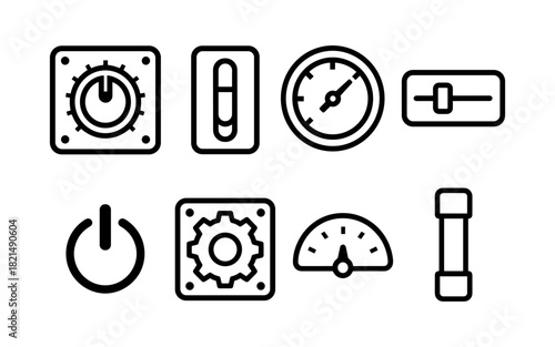 Minimalist control icons set featuring knobs, gauges, and switches in linear design
