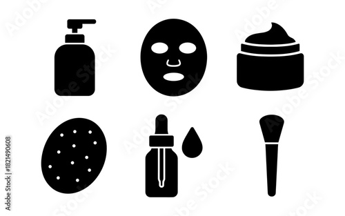 Silhouette icons of skincare essentials: bottles, masks, and brushes