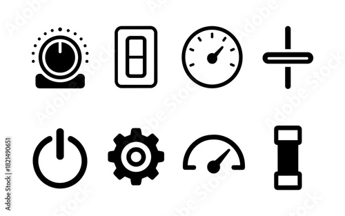 Minimalist set of 8 black and white control and gauge icons for technology interfaces