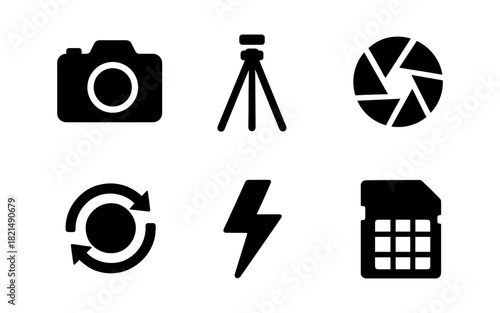 Photography equipment icons: camera, tripod, shutter, and more in silhouette style