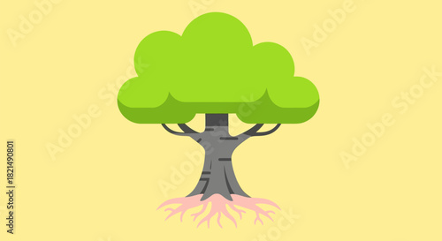 Stylized Green Tree with Visible Roots and Thick Trunk.