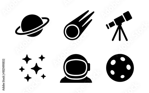 Space exploration icons: planets, stars, and astronomy equipment in silhouette style