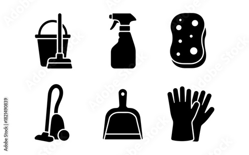 Cleaning tools silhouette icons: mop, spray bottle, sponge, vacuum, dustpan, gloves