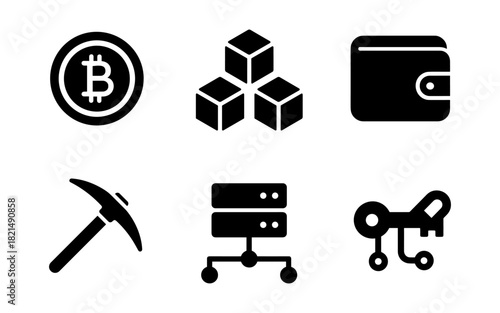 Cryptocurrency and blockchain icons set in black minimalist silhouette style
