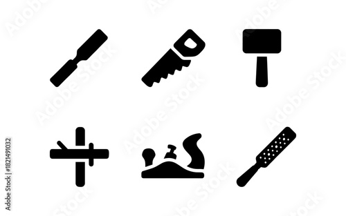Black silhouette icons of woodworking tools for carpentry and diy projects