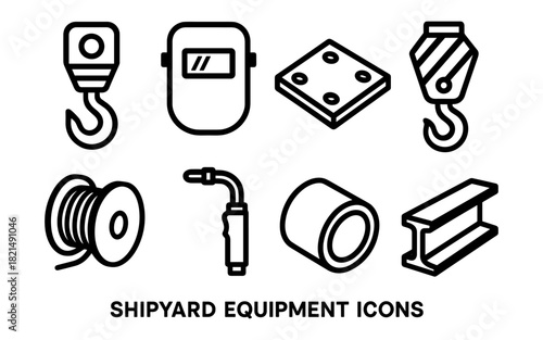 Shipyard equipment icon set: hooks, welding mask, steel beam, and cable reel in bold line art