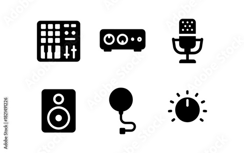 Black audio equipment icons set featuring mixer, speaker, microphone