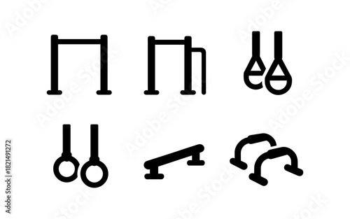 Minimalist gymnastic equipment icons: rings, bars, parallel bars in black silhouette style