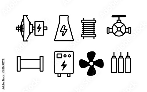 Industrial equipment icons set with linear design: reactor, coil, valve, and more