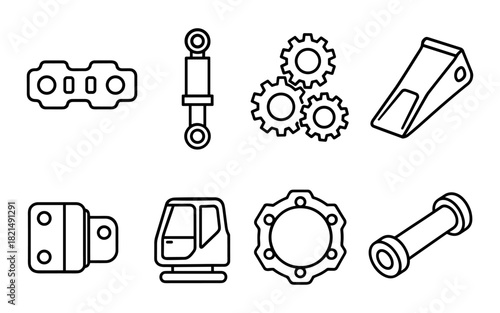 Outline icons of excavator parts and mechanical components for construction design
