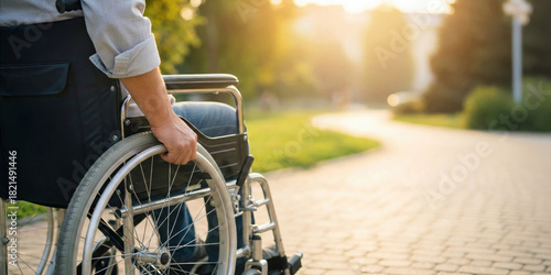 A man with hand on the wheel of his wheelchair having a ride in a city garden by sunny day, physical disability mobility, handicap accessibility, copy space