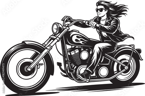 Black and white illustration of a woman with long hair riding a chopper motorcycle isolated on