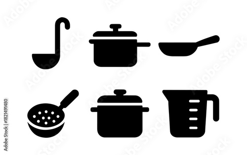 Silhouette kitchenware icons: pots, pans, ladle, strainer, measuring cup