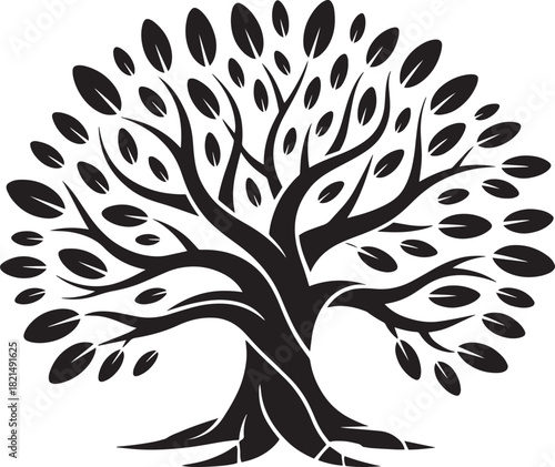 Black and white stylized illustration of a mature, leafy tree with thick trunk isolated on
